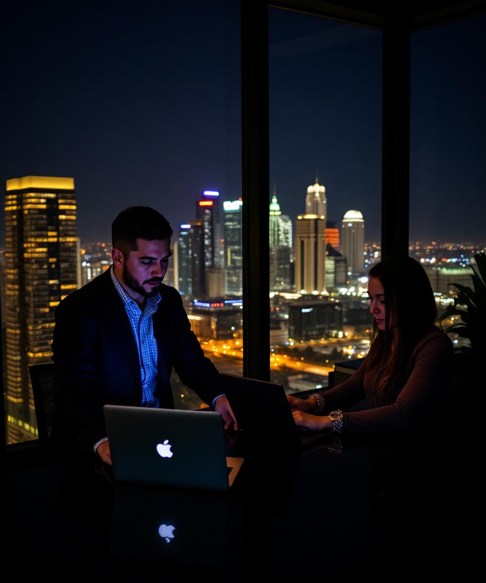Two professionals collaborating with Houston skyline behind