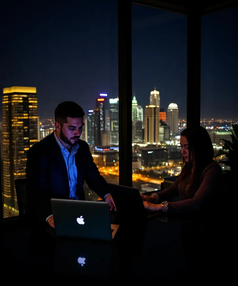 Two professionals collaborating with Houston skyline behind