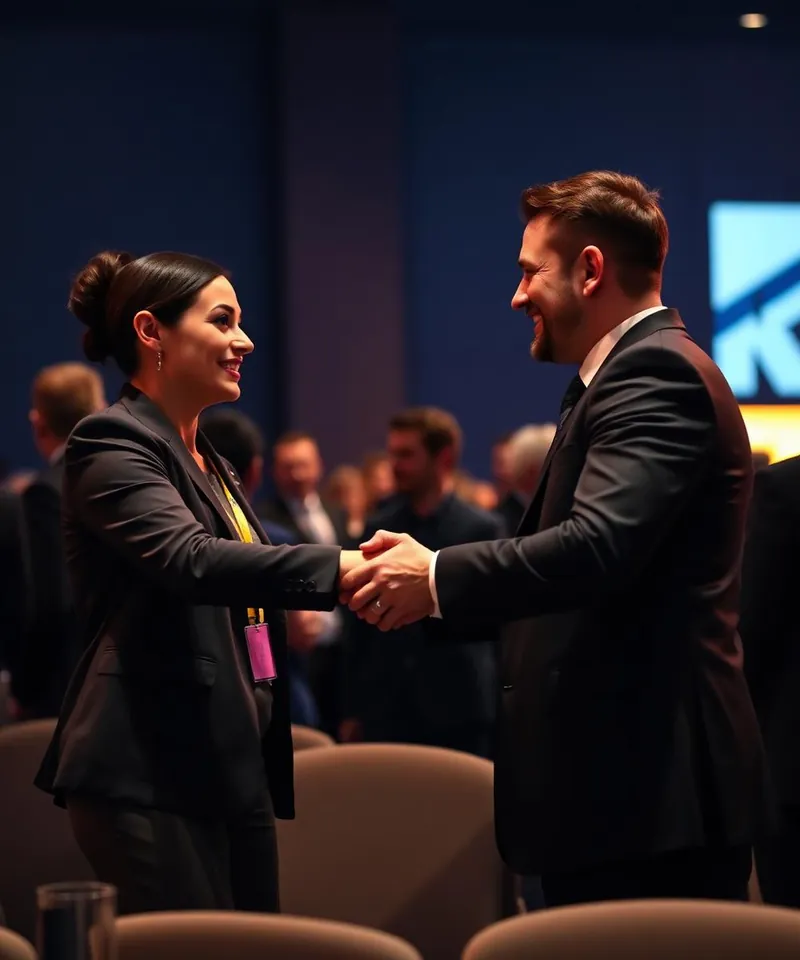 Two professionals shaking hands at a networking event