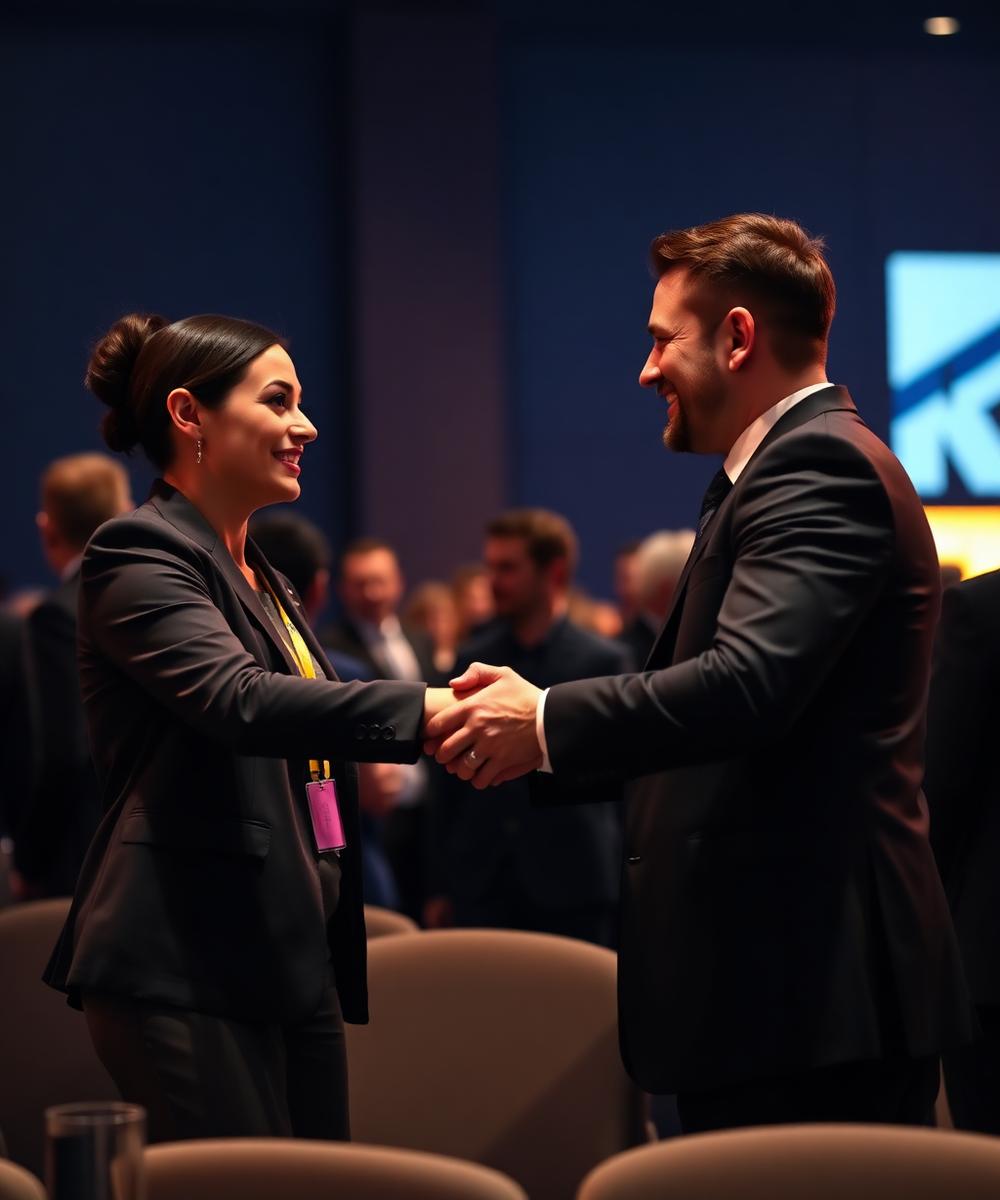Two professionals shaking hands at a networking event